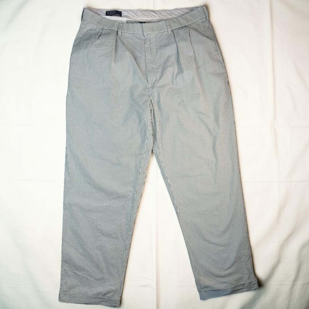 Polo by Ralph Lauren Green and White Seersucker Pleated Trousers 38/32